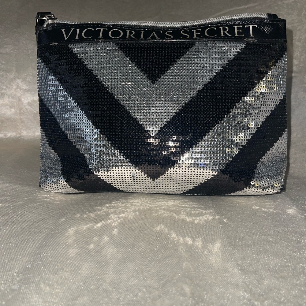 Victoria's Secret Black and Silver Sequin Cosmetic Bag